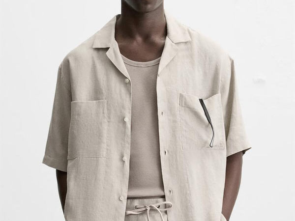 پیراهن لینن نیم آستین Zara خاکی اورجینال